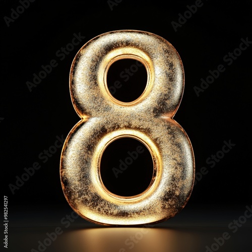 3D number 8 with gold texture realistic modern design, soft lighting, black background.