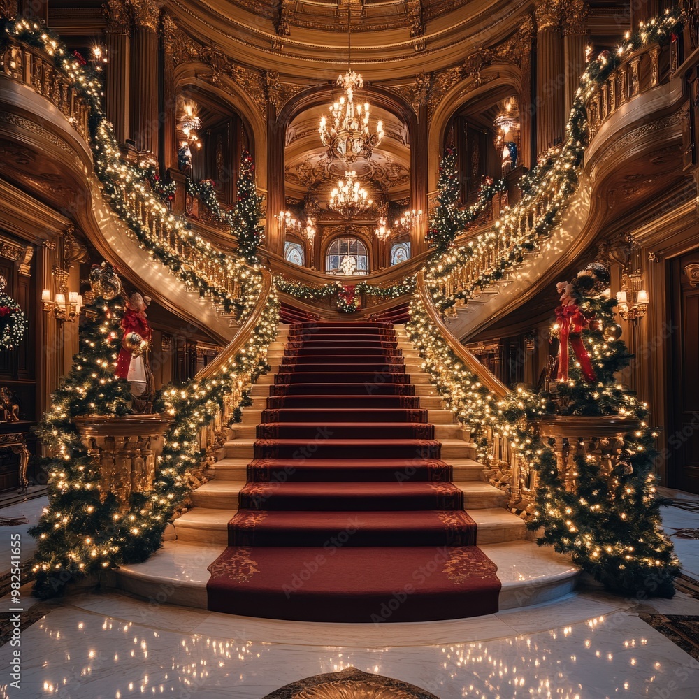 Fototapeta premium Opulent Grand Christmas Staircase with Elegant Holiday Decorations