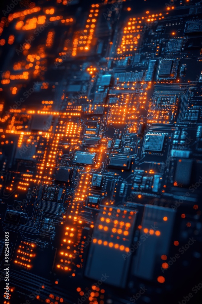 Fototapeta premium Futuristic Circuit Board with Bright Orange Lights