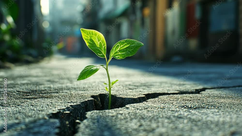 Green sprout growing resiliently through cracks in urban pavement in early morning light Green sprout growing resiliently through cracks in urban pavement in early morning light
