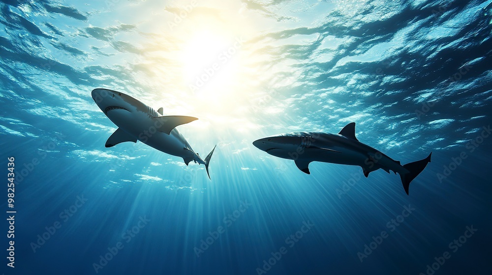 Obraz premium vibrant colors showcasing dynamic movements sharks underwater scene, ocean, marine, creature, swimming, sea, fin, tail, body, fluidity, pattern, light 