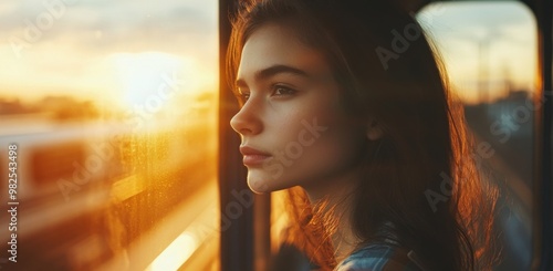 woman portrait looking out train window