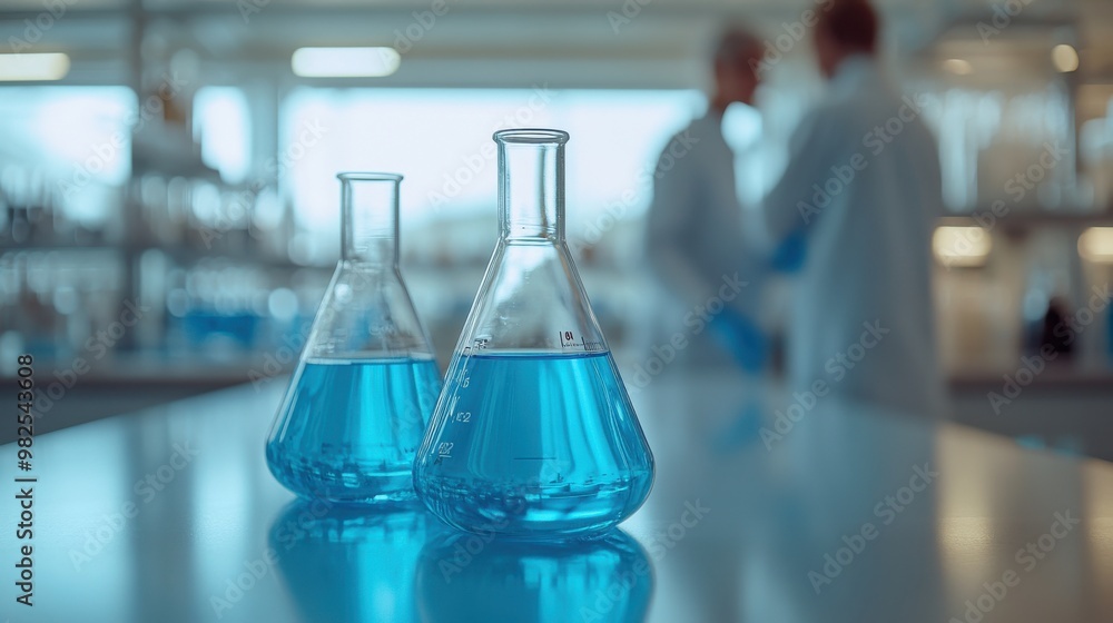 Laboratory Scene with Blue Solutions in Glassware Laboratory Scene with Blue Solutions in Glassware