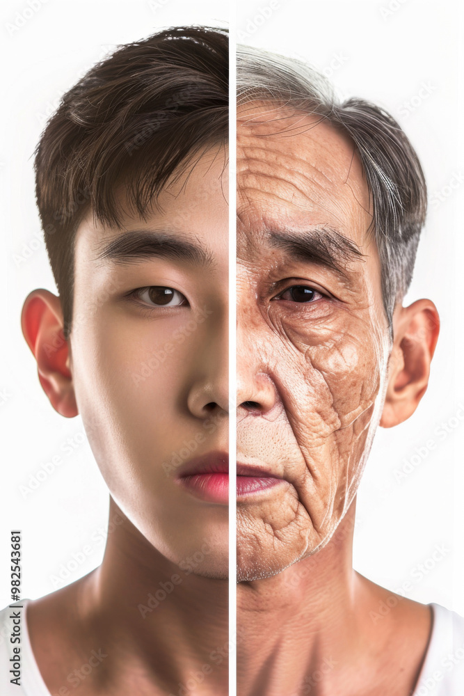Split portrait of young and elderly Asian male faces, highlighting aging concept