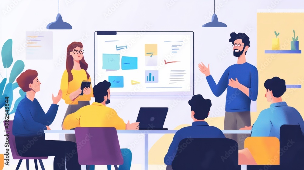 Project manager leading a brainstorming session with diverse team members. Project manager leading a brainstorming session with diverse team members.