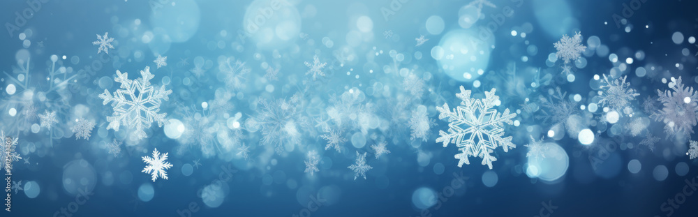 Snowflakes and bokeh lights creating a winter holiday banner background Snowflakes and bokeh lights creating a winter holiday banner background