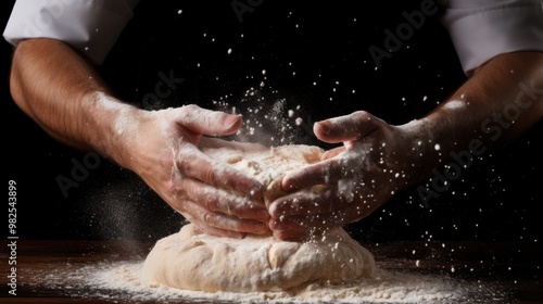 A close-up photorealistic image of a chef's hands kneading pizza dough with flour flying everywhere