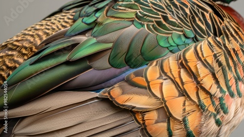 A close-up photorealistic image of a mallard duck's vibrant green and brown feathers