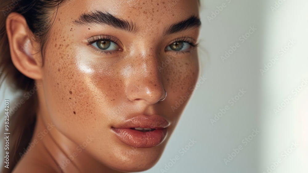 Fototapeta premium A close-up portrait of a woman with flawless skin, showcasing a dewy, radiant complexion and natural makeup