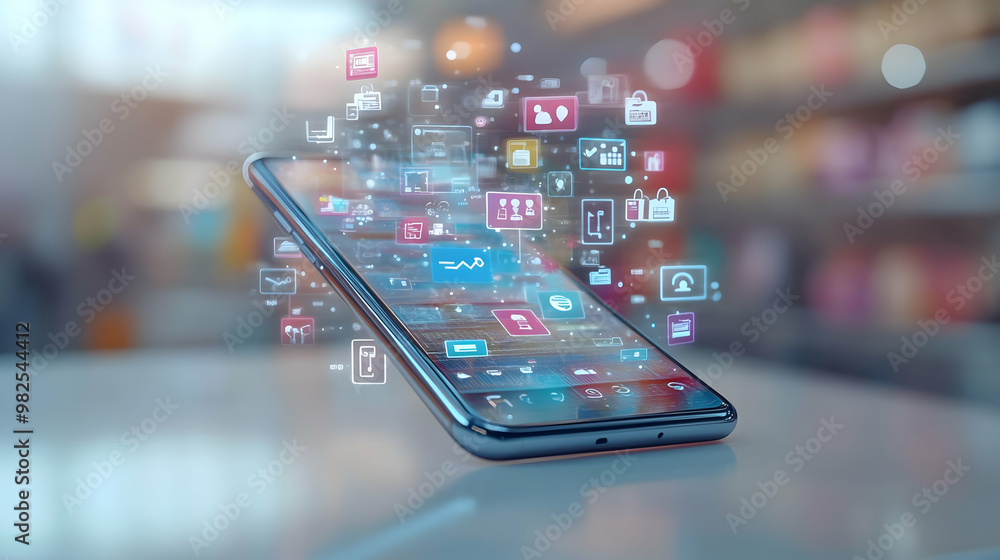 3D Glossy Smartphone on White Background with Holographic Retail & Business Icons | Mobile Commerce Design for Branding & Marketing 3D Glossy Smartphone on White Background with Holographic Retail & Business Icons | Mobile Commerce Design for Branding & Marketing