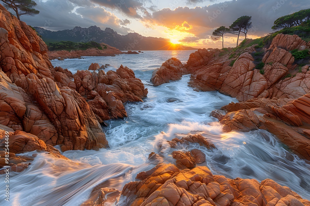 Obraz premium Sunset Over Rocky Coastline with Turbulent Waves, Idyllic Seascape for Travel and Nature Inspiration