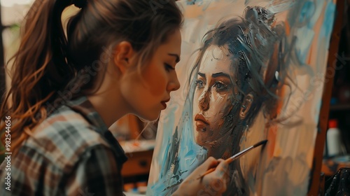 An artist is painting a portrait of herself