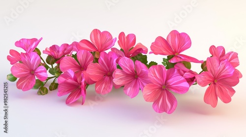 Vibrant 3D Rendering of Bright Pink Geranium Flowers on White Background