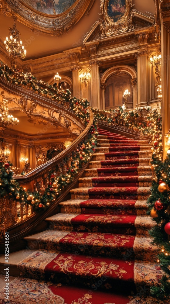 Obraz premium Opulent Grand Christmas Staircase with Elegant Holiday Decorations