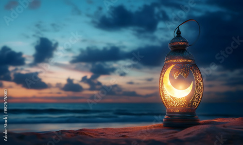 Traditional Candle light with Crescent moon shape on the beach, Ramadan photo