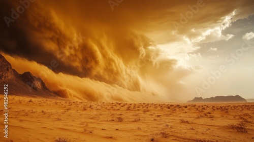 A massive dust storm rolls across the desert, creating a dramatic and ominous scene. 