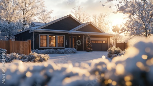 Toma cinematográfica en primer plano de una casa suburbana contemporánea pintada en color oscuro, con cercas y molduras de madera natural, cubierta por una capa fresca de nieve esponjosa. Decorada par photo