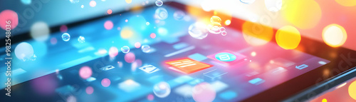 Wallpaper Mural Glossy Tablet with Floating Holographic Coupon and Business Icons on White Background - Modern Digital Marketing Photo Stock Concept with Copy Space for Branding Torontodigital.ca