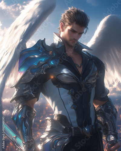stoic male angel in black and silver armor with large wings standing over a glowing city at twilight