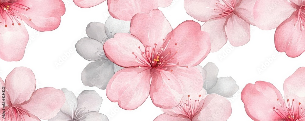 Delicate cherry blossoms in pastel pink and light gray, watercolor texture, seamless pattern with romantic feel Delicate cherry blossoms in pastel pink and light gray, watercolor texture, seamless pattern with romantic feel