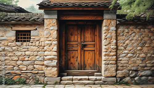 Charm of antique wooden door on stone wall, showcasing the beauty of ancient architecture. photo