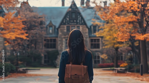 photo from the back of a woman college university-student standing at an old Ivy League boarding school fantasy campus in preppy clothes magazine film look in autumn photo