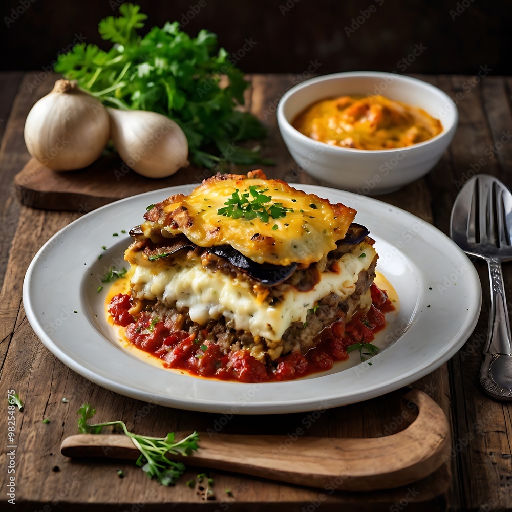Delicious traditional Greek moussaka with beef mince, eggplant and bechamel sauce Delicious traditional Greek moussaka with beef mince, eggplant and bechamel sauce