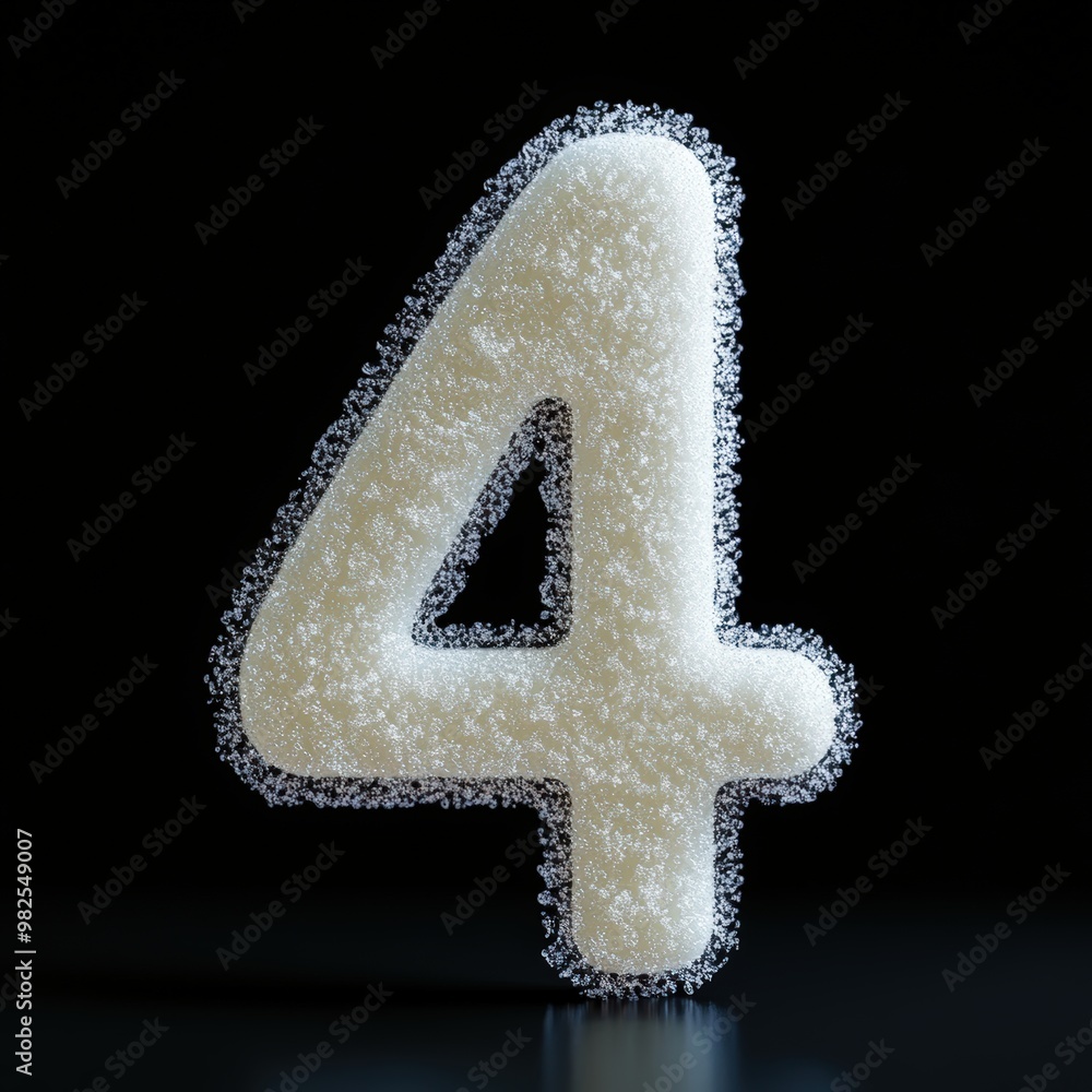 3D number 4 with salt texture realistic modern design, soft lighting, black background. 3D number 4 with salt texture realistic modern design, soft lighting, black background.