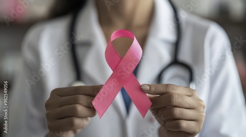 Empowering Woman Holding Breast Cancer Awareness Ribbon for Health Promotion