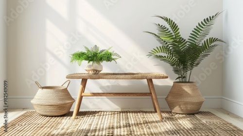 A Scandinavian-inspired living room featuring a natural wood coffee table complemented by a leafy fern and a woven wicker basket photo