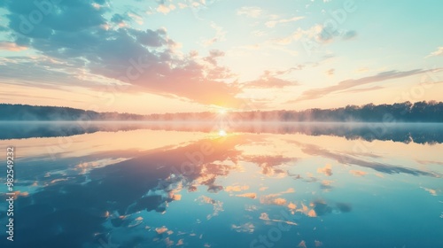 A serene sunrise over a tranquil lake, with the sky reflecting perfectly in the still water and clouds creating a mirrored image.