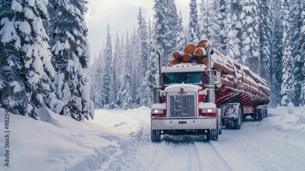 A snow-covered logging truck transporting a massive load of timber through a snow-laden forest, its red cab contrasting against the pristine white backdrop. A snow-covered logging truck transporting a massive load of timber through a snow-laden forest, its red cab contrasting against the pristine white backdrop.