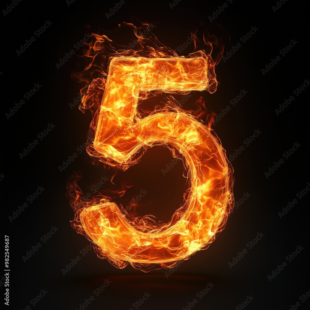 Fototapeta premium 3D number 5 with fire texture realistic modern design, soft lighting, black background.