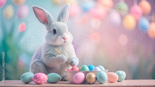 Wallpaper Mural Easter bunny painting colorful eggs with joyful expression, festive background and copy space Torontodigital.ca