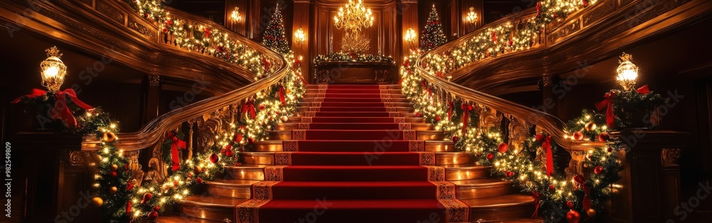 Fototapeta premium Opulent Grand Christmas Staircase with Elegant Holiday Decorations