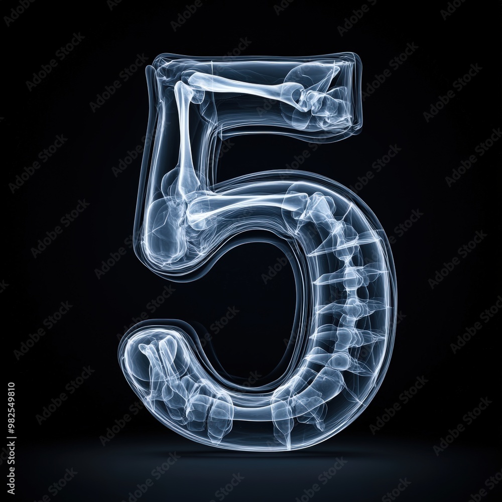 3D number 5 with x-ray texture realistic modern design, soft lighting, black background. 3D number 5 with x-ray texture realistic modern design, soft lighting, black background.