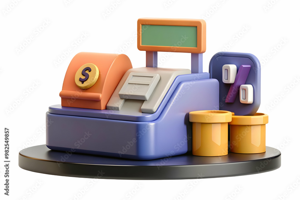 Minimalist Podium with Coupon Code & Cash Register - Ideal for Retail Promotions & Marketing Campaigns on a Clean White Background Minimalist Podium with Coupon Code & Cash Register - Ideal for Retail Promotions & Marketing Campaigns on a Clean White Background