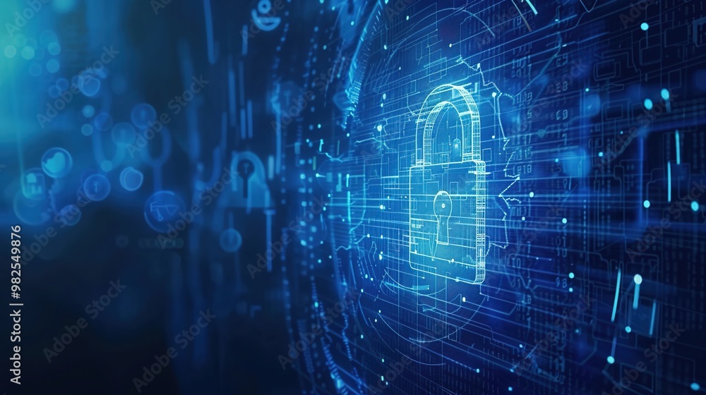 Fototapeta premium A futuristic digital lock symbol with various padlocks and cyber elements, emphasizing the importance of secure data networks