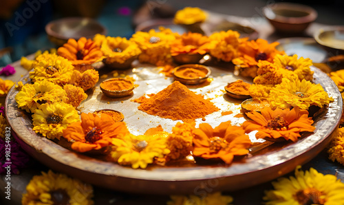 Beautifully Decorated Pooja Thali for diwali celebration to worship photo