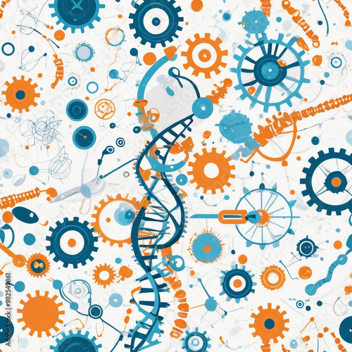 A vibrant illustration featuring DNA strands and gears, symbolizing the intersection of biology and technology.