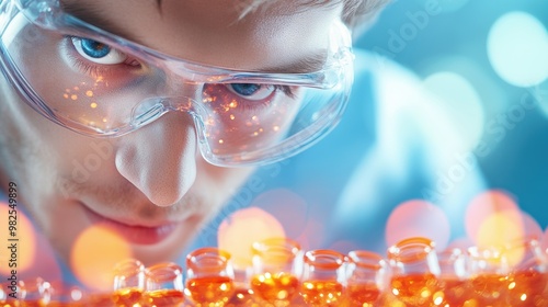 A chemist uses a spectrophotometer to measure the absorbance of light by a solution, determining its concentration and composition. photo