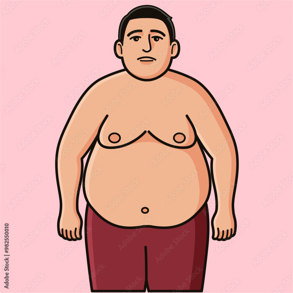 Fat men are not confident when facing forward, looks like a big belly full of fat, due to junk food, need a diet Fat men are not confident when facing forward, looks like a big belly full of fat, due to junk food, need a diet