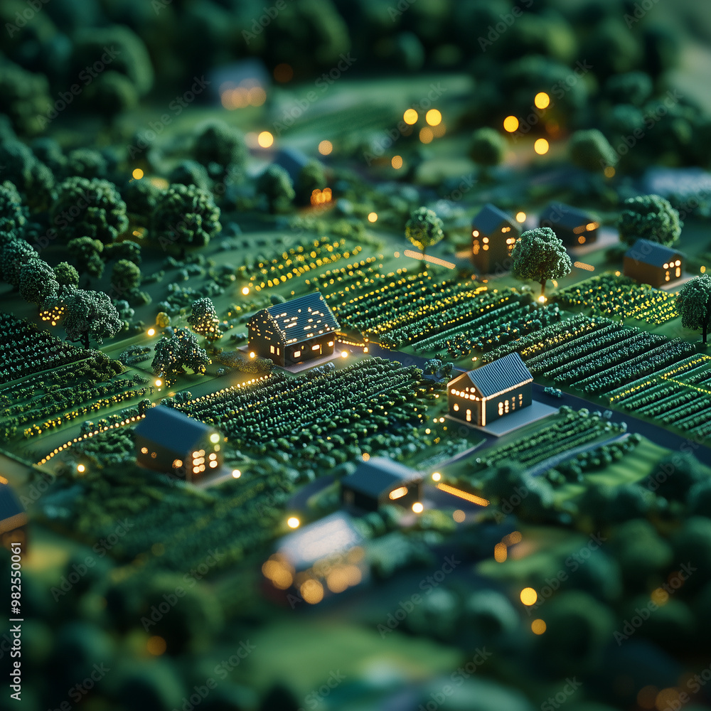 Obraz premium A close-up of a small town at night, with houses and trees lit up. The houses are small and the trees are green, creating a cozy and peaceful atmosphere