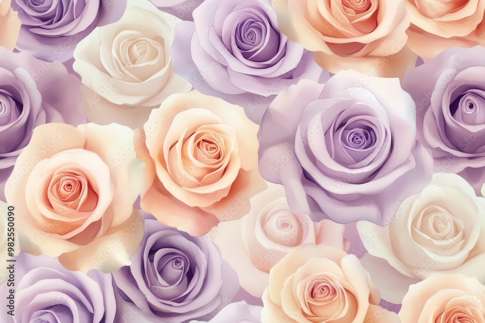 Soft watercolor roses in pastel peach and soft lavender, seamless pattern with a romantic feel Soft watercolor roses in pastel peach and soft lavender, seamless pattern with a romantic feel