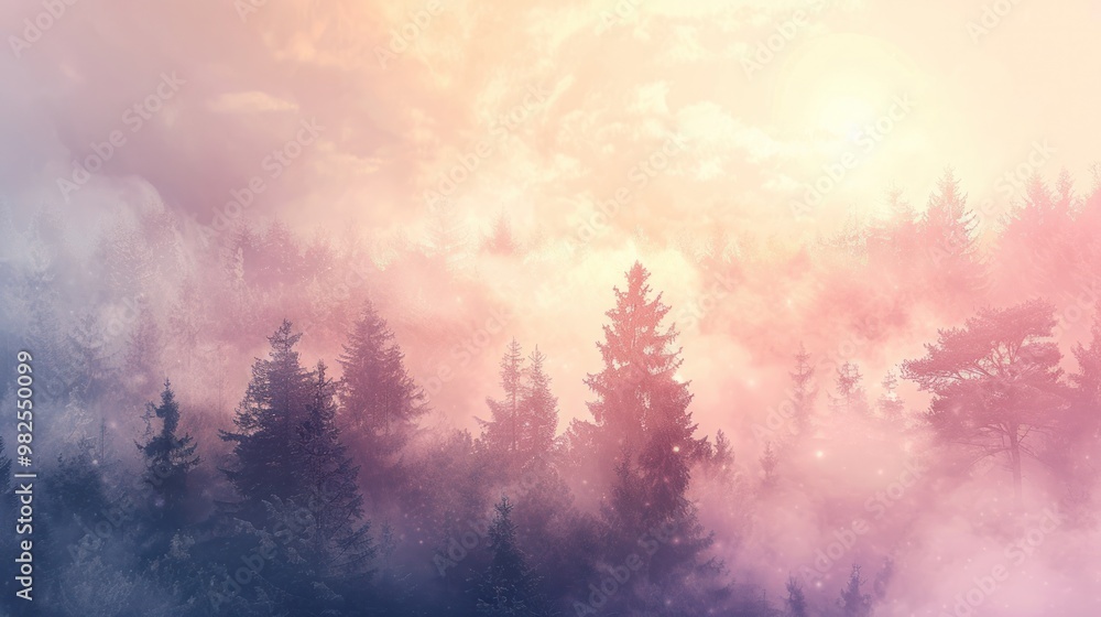 A tranquil sunrise over a misty forest, with delicate clouds drifting through the trees. A tranquil sunrise over a misty forest, with delicate clouds drifting through the trees.