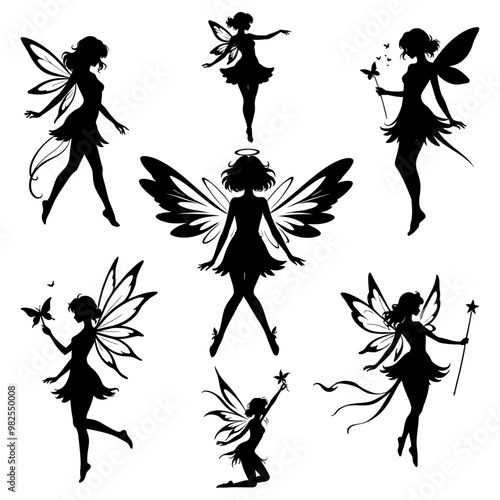 set of fairies in different poses. mythical creatures with wings. magical characters from fairy tales wearing cute dresses. Hand drawn vector illustration