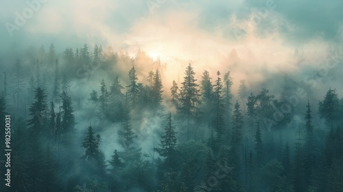 A tranquil sunrise over a misty forest, with delicate clouds drifting through the trees.