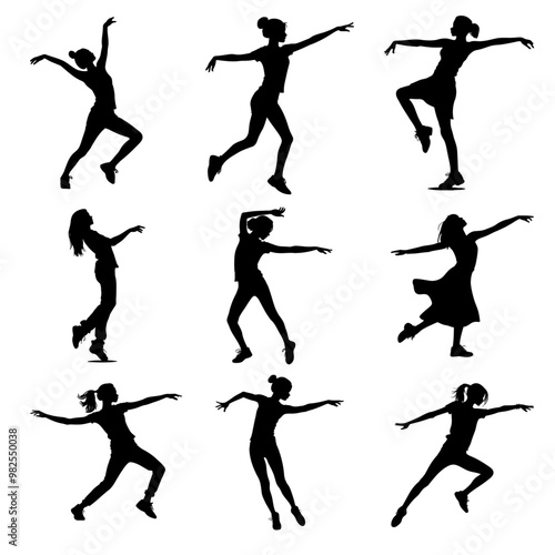 set of women dancers in hip hop pose, female performers in urban dance with graffiti background and streetwear fashion