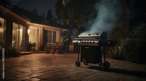 Una parrilla ahumadora solitaria en un patio residencial. El humo sale en grandes nubes de la chimenea. Es justo antes del amanecer y aún está oscuro. El ambiente es agradable y no ominoso.






 photo