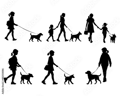 young girl and their mother walking dog out door vector silhouettes. young girl playing with pet dog. mother and daughter with cute puppy pets and running.	
